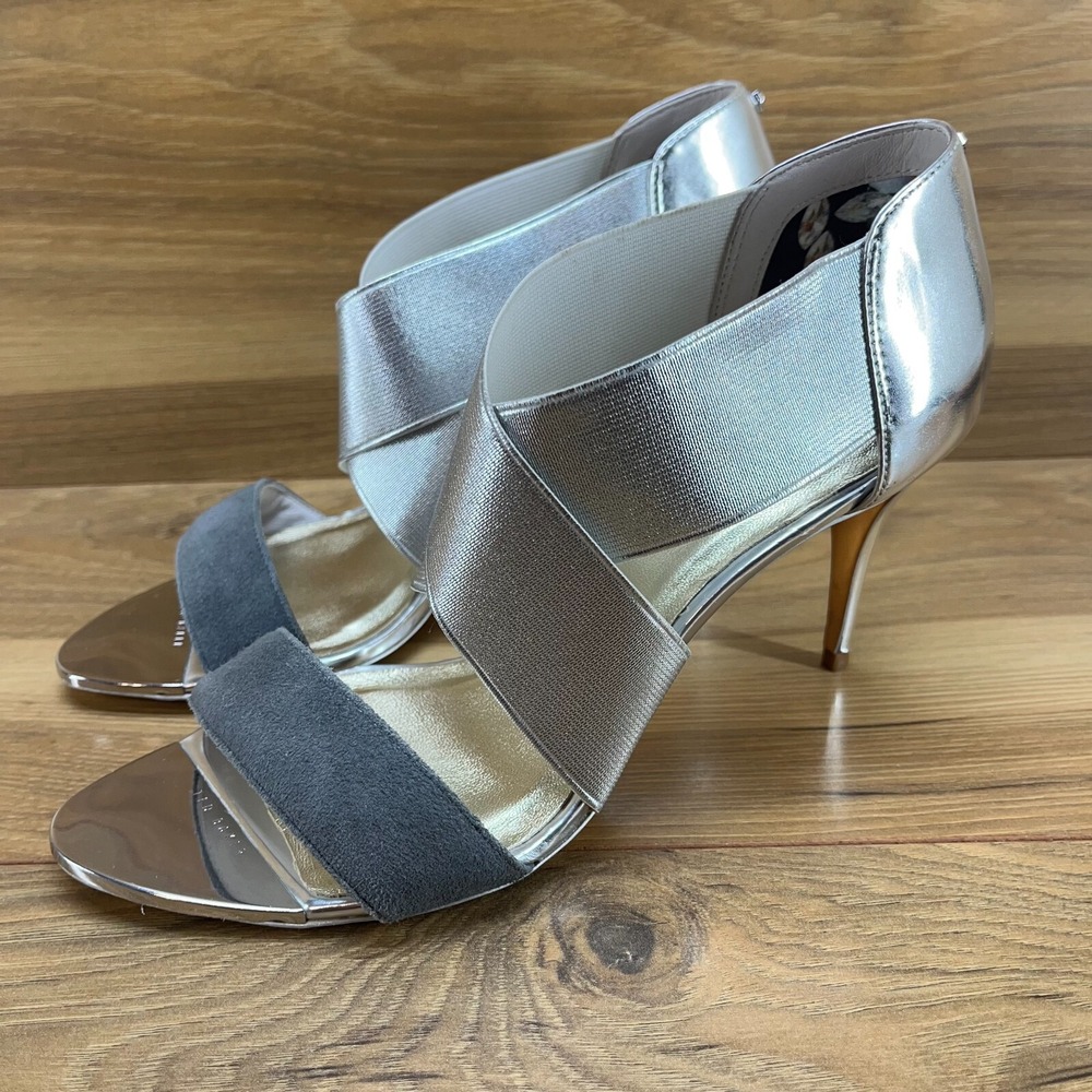 Ted Baker Leniya Womens Heels 8 M 38.5 Patent Leather Suede Silver Pumps Heels